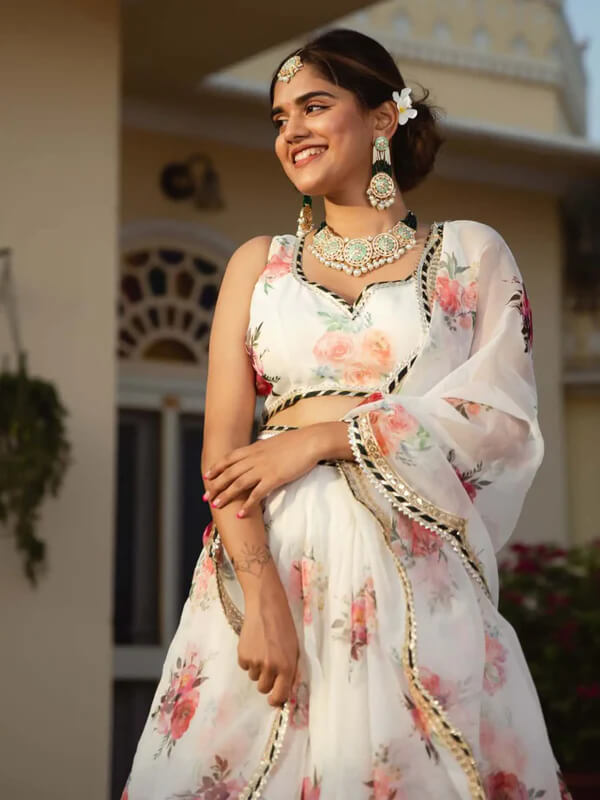 White Organza Lehenga with Floral Print & Embroidery