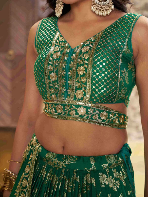 Teal Green Jacquard Lehenga with Zari & Sequins Work