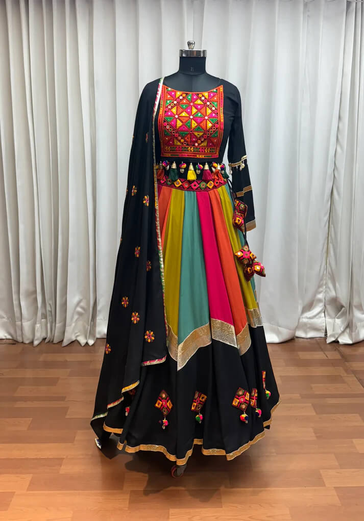 Black Multi Color Mirror & Thread Work Navratri Lehenga