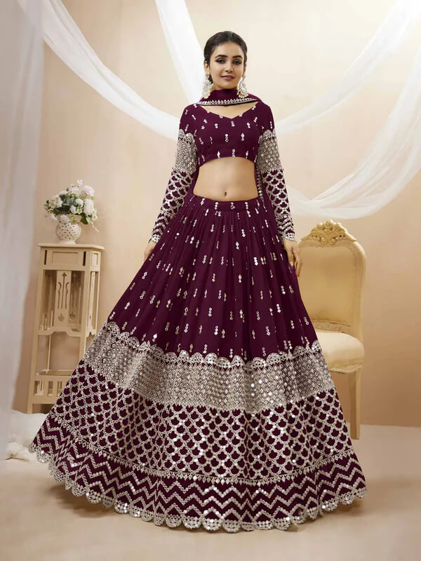 Wine Sequins & Zari Embroidered Georgette Lehenga