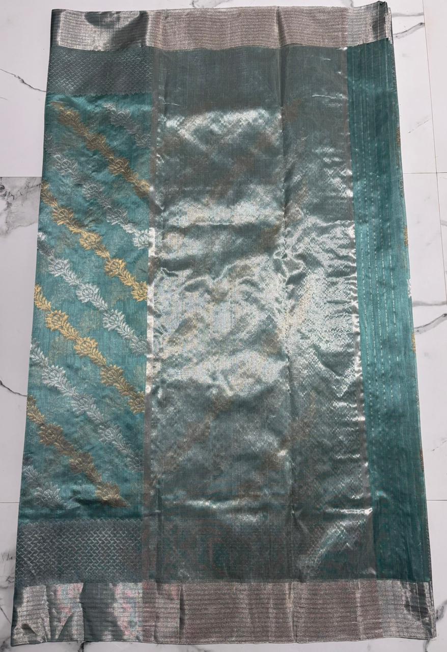 Steel Blue Chanderi Handloom Pattu Silk Handwork Saree