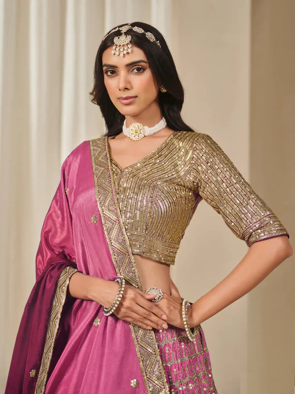 Shaded Pink Chinon Silk Embroidered Lehenga Choli