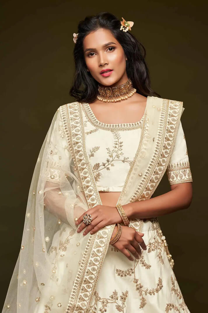 White Silk Lehenga with Thread, Zari & Sequins Work