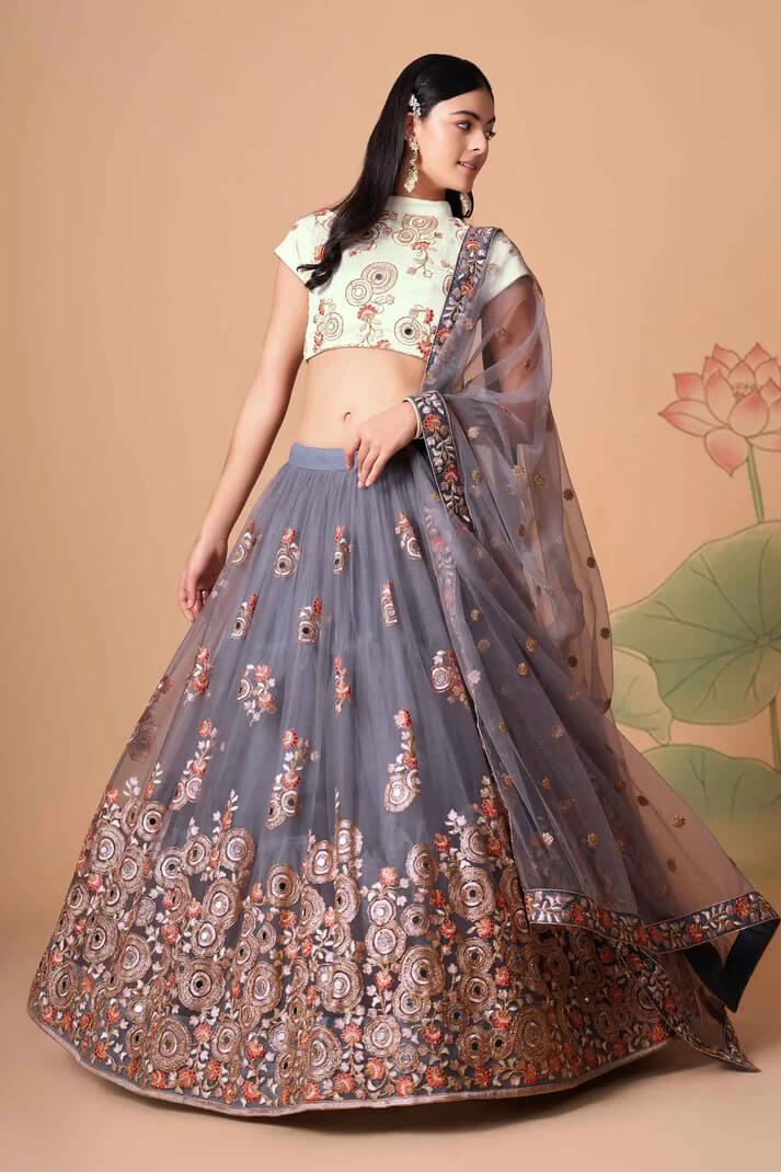 Grey Net Lehenga with Zari, Sequins & Mirror Work