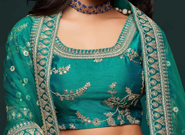 Dark Aqua Green Silk Lehenga with Zari & Sequins Work