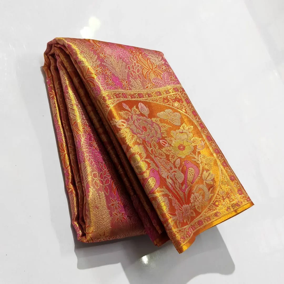 Orange Kanchipuram håndvævet vævsbrokade Meenakari silkesari