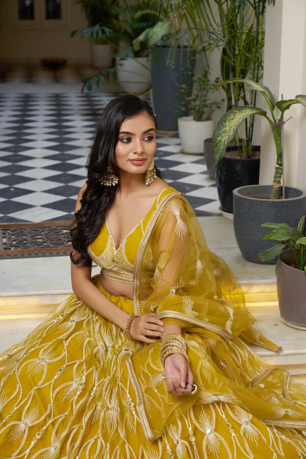 Mustard Net Lehenga Choli with Cotton Thread & Sequins Work