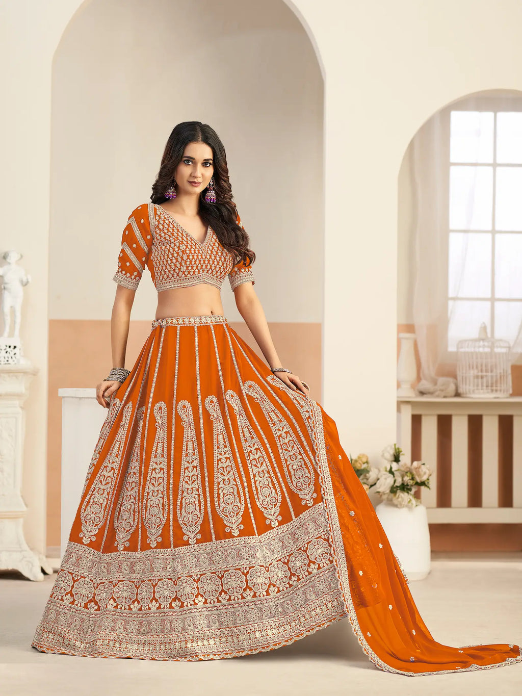 Rusty Orange Georgette Lehenga WIth Embroidery Work