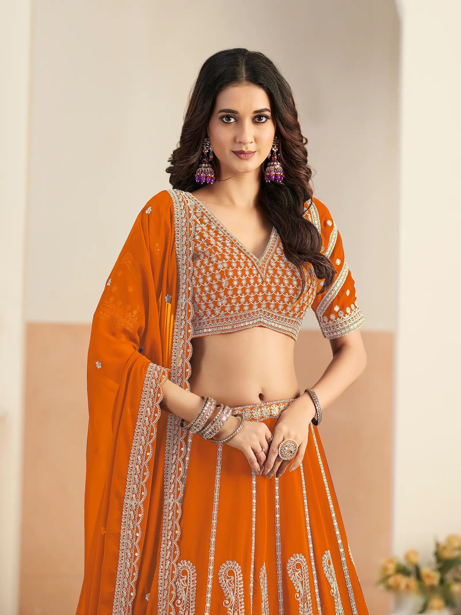 Rusty Orange Georgette Lehenga WIth Embroidery Work