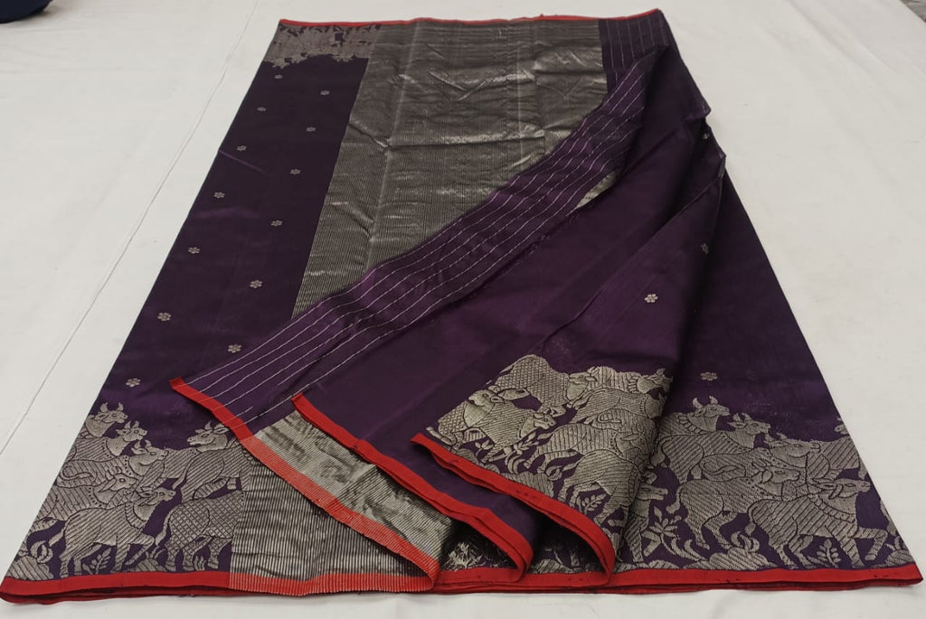 Dark Purple Chanderi Handloom Pattu Silk Handwork Saree