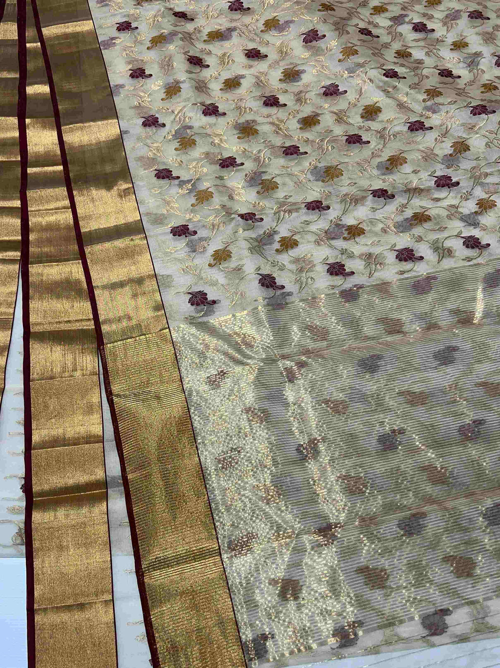Beige Chanderi Handloom Katan Silk Saree