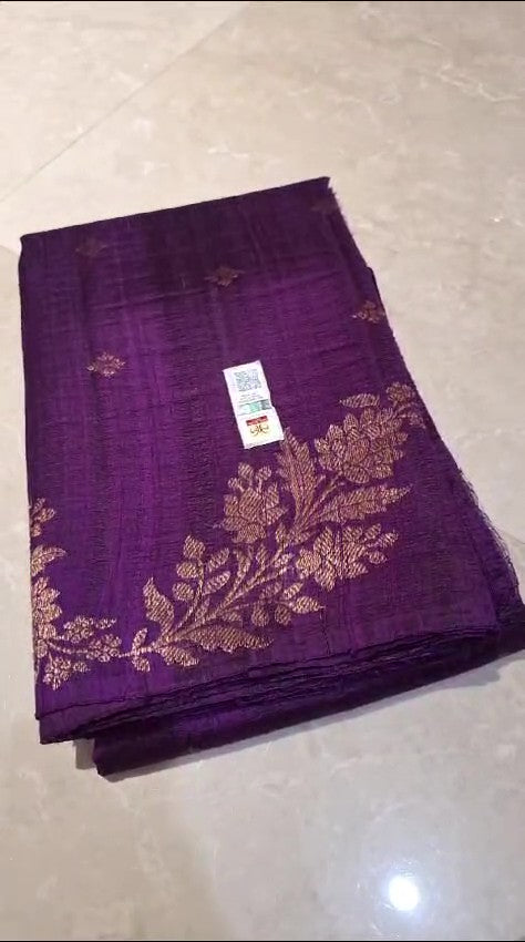 Purple Banarasi Handloom Tussar Raw Silk Saree