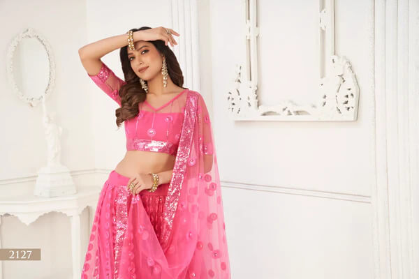 Bright Pink Net Lehenga Choli with Cotton Thread & Sequins Work