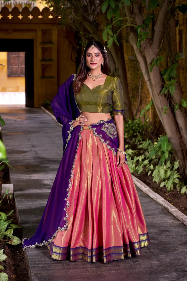 Peach Pink Ethnic Lehenga Choli with Kanchipuram Zari Work