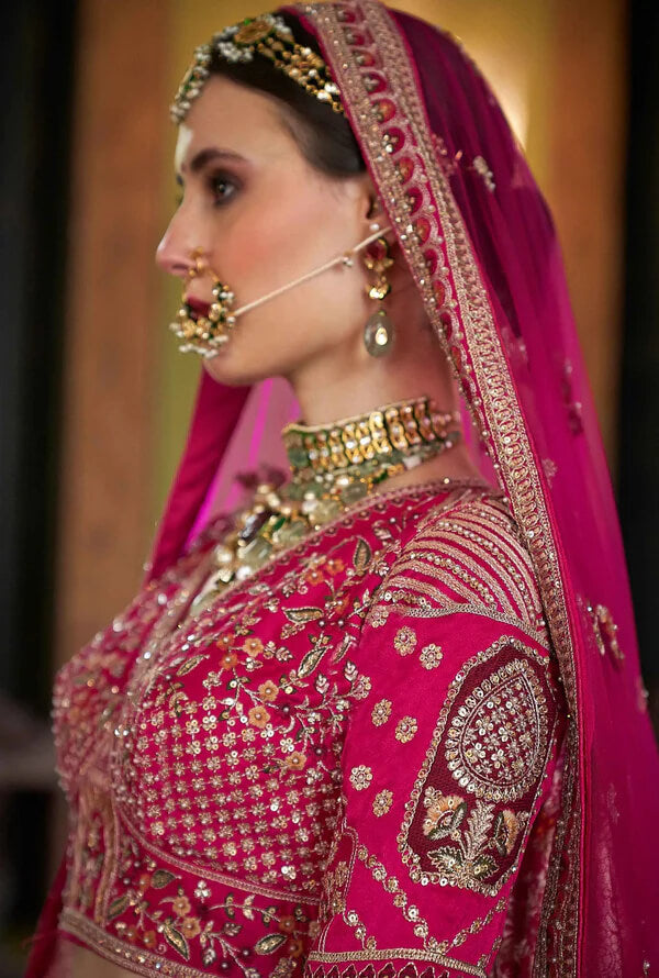 Elegant Pink Bridal Ensemble with Pearls & Sequins