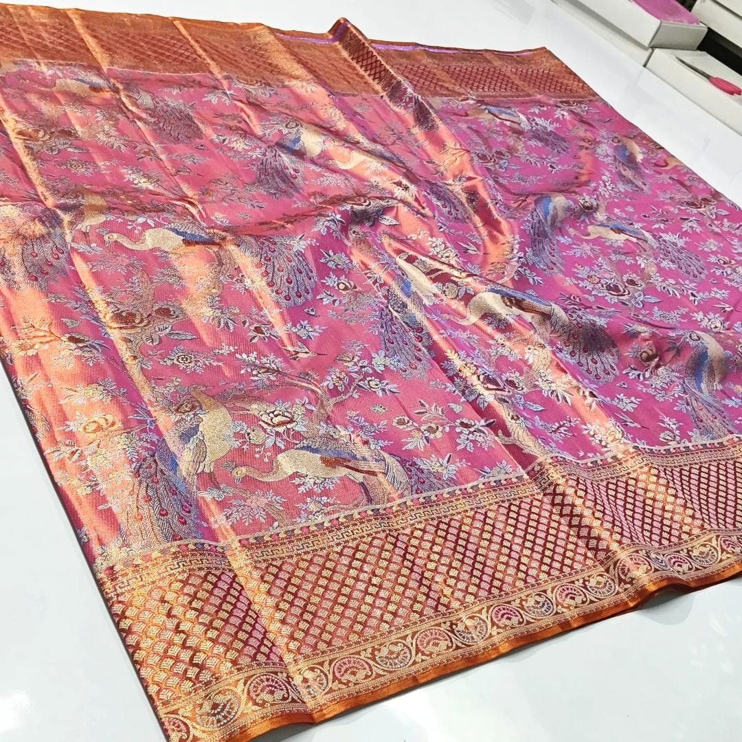 Pink Kanchipuram Håndvævet Meenakari Vævsbrokade Silkesari
