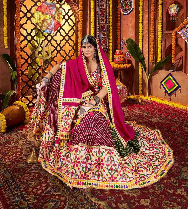 Multi Color Printed Mirror & Embroidered Navratri Lehenga