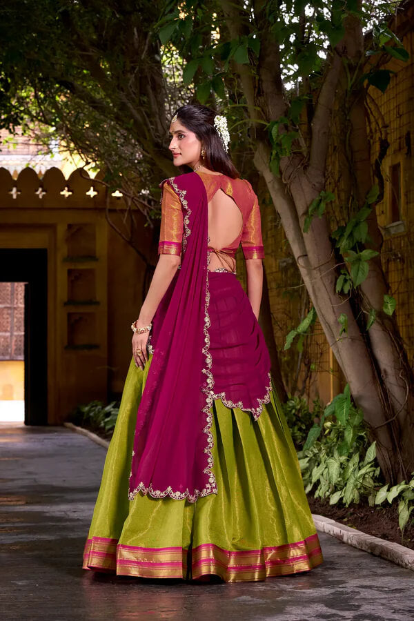 Olive Green Ethnic Lehenga Choli with Kanchipuram Zari Work