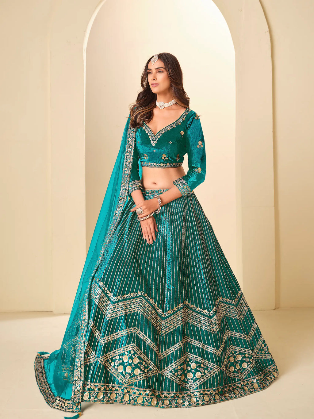 Deep Teal Sequins Embroidery Work Velvet Lehenga Choli