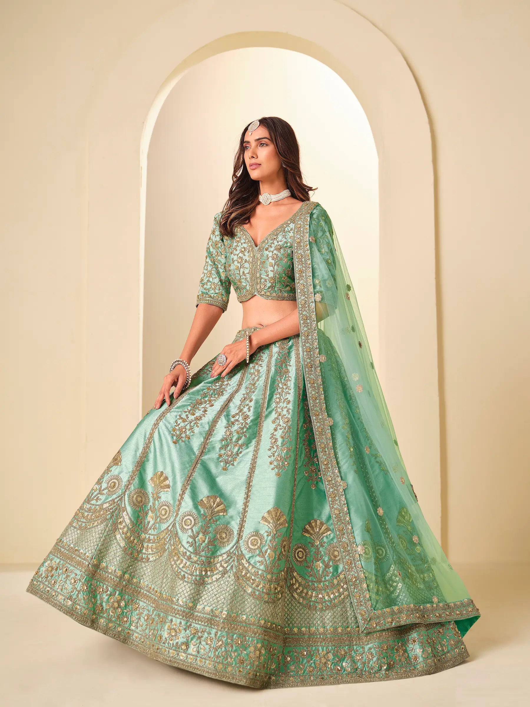 Sea Green Sequins Embroidery Art Silk Lehenga Choli