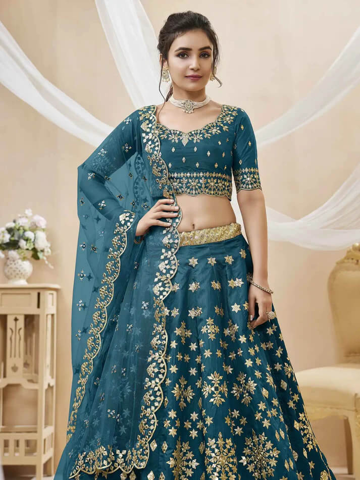 Teal Blue Art Silk Lehenga with Sequins & Zari Work