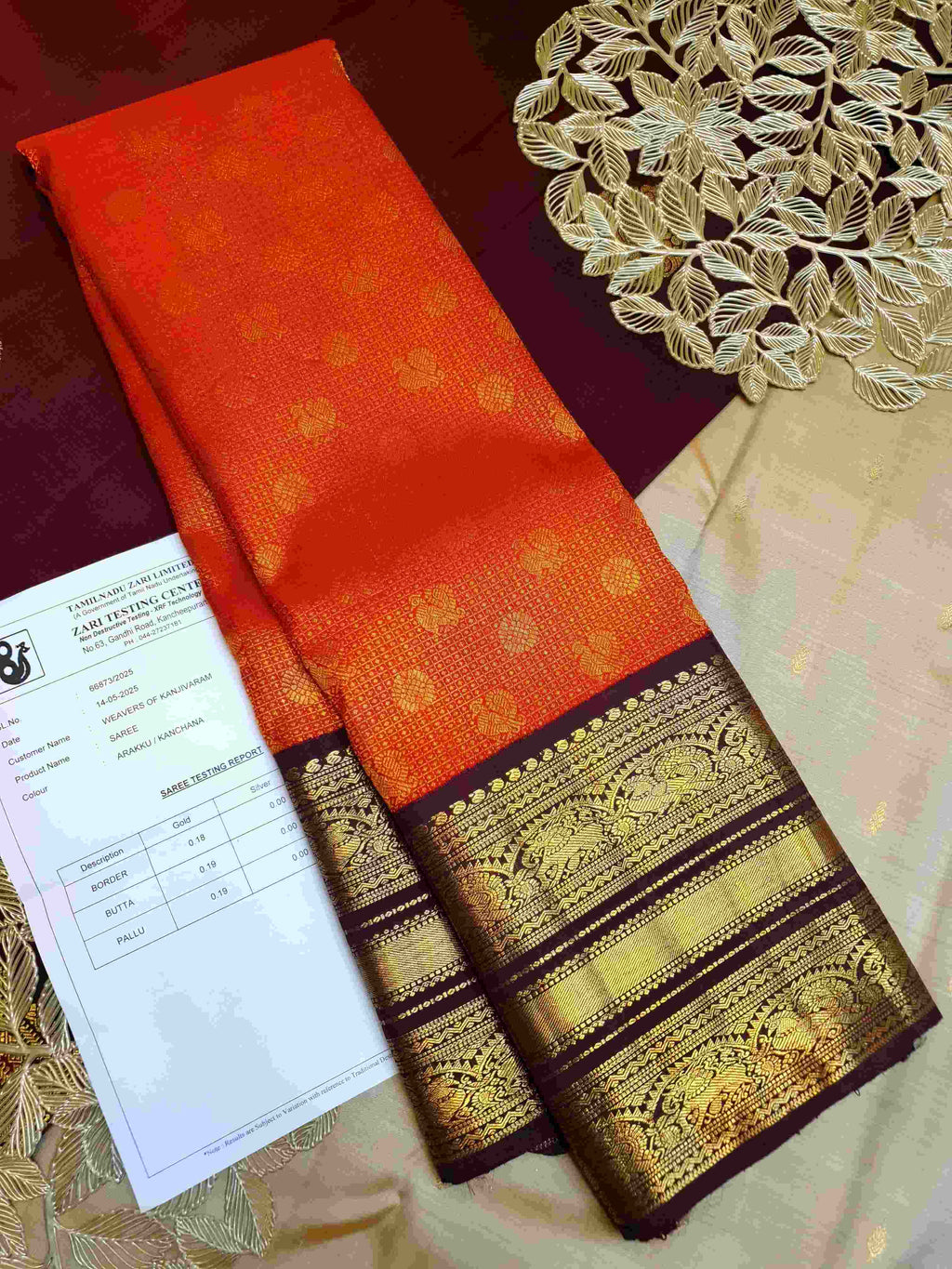 Chilly Red Kanchipuram Handloom 2G Pure Gold Vairaoosi Pattu Silk Saree