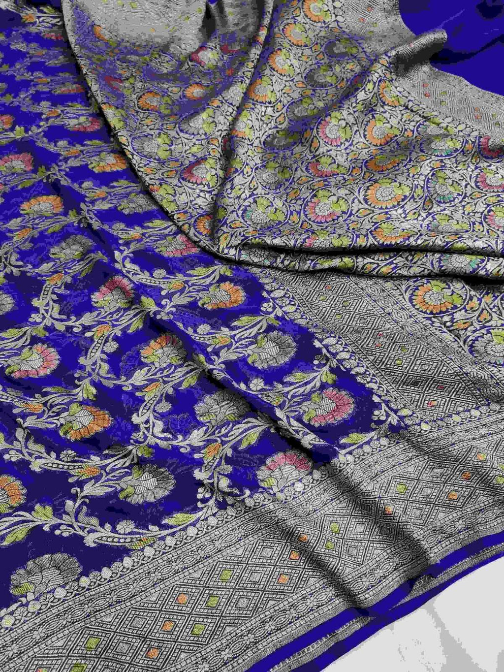 Kongeblå Banarasi håndvævet vand Zari Georgette Silke Saree
