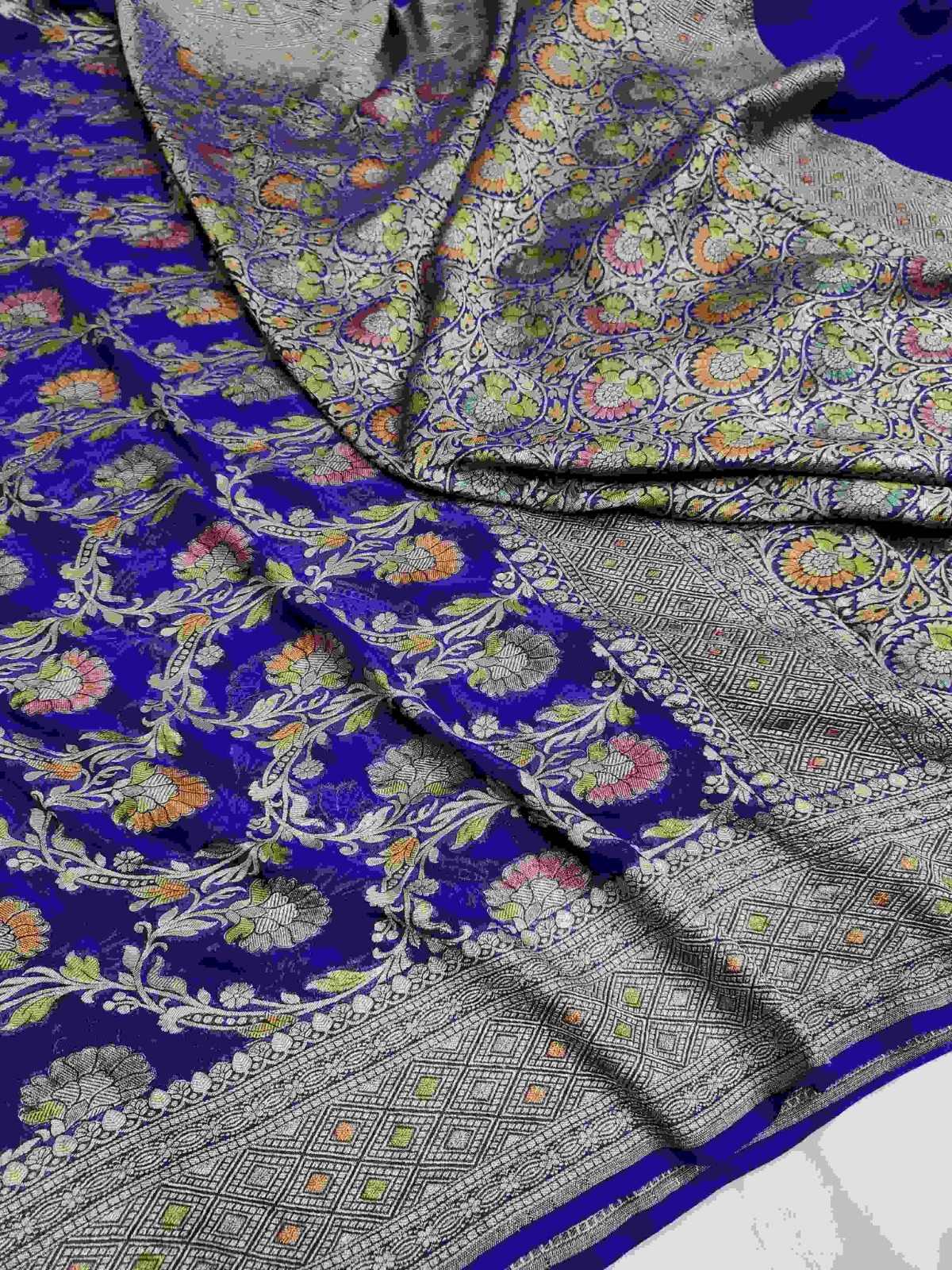 Kongeblå Banarasi håndvævet vand Zari Georgette Silke Saree