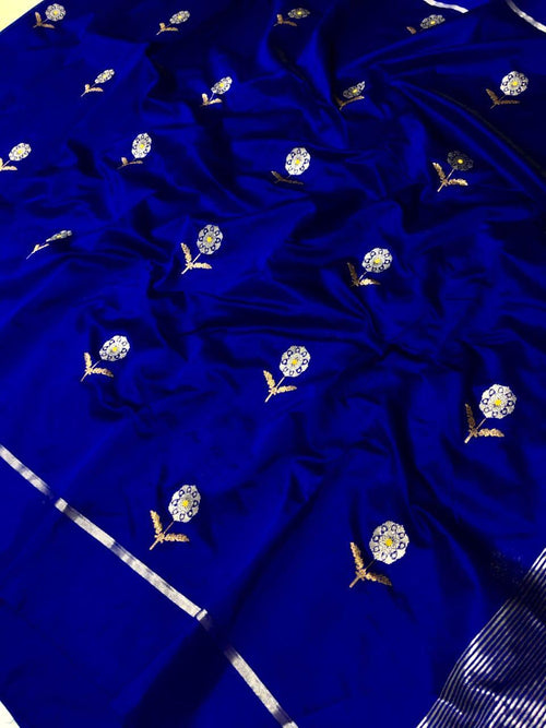 Azurblå Chanderi håndvævet Pattu Silk Meenakari Saree