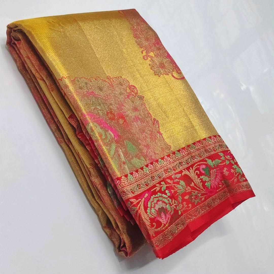 Guld Kanchipuram håndvævet vævsbrokade silkesari