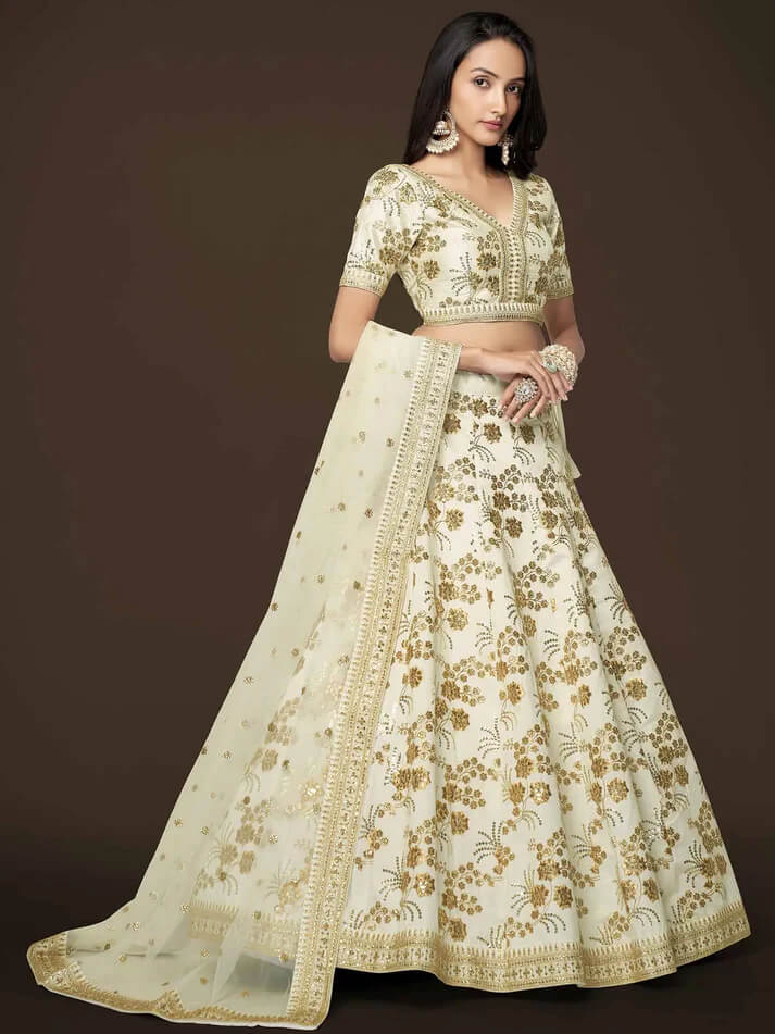 White Silk Lehenga with Zari, Sequins & Dori Work