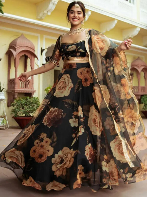 Black Organza Lehenga with Floral Print & Gota Patti
