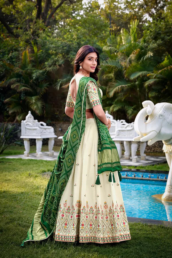 Festive Khadi Cotton Lehenga Choli in Off White with Green Dupatta