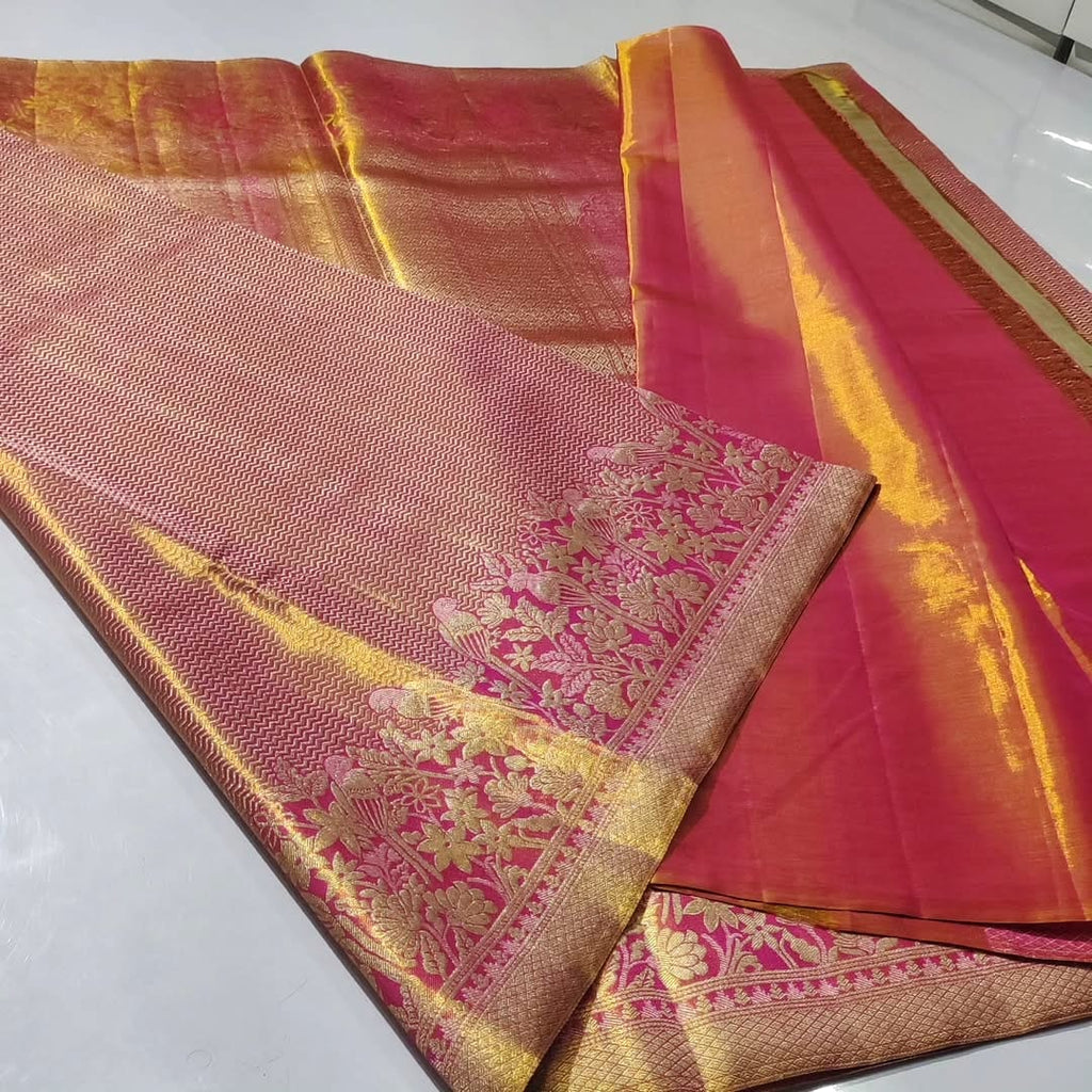 Hot Pink Kanchipuram Handloom Tissue Brocade Silk Saree