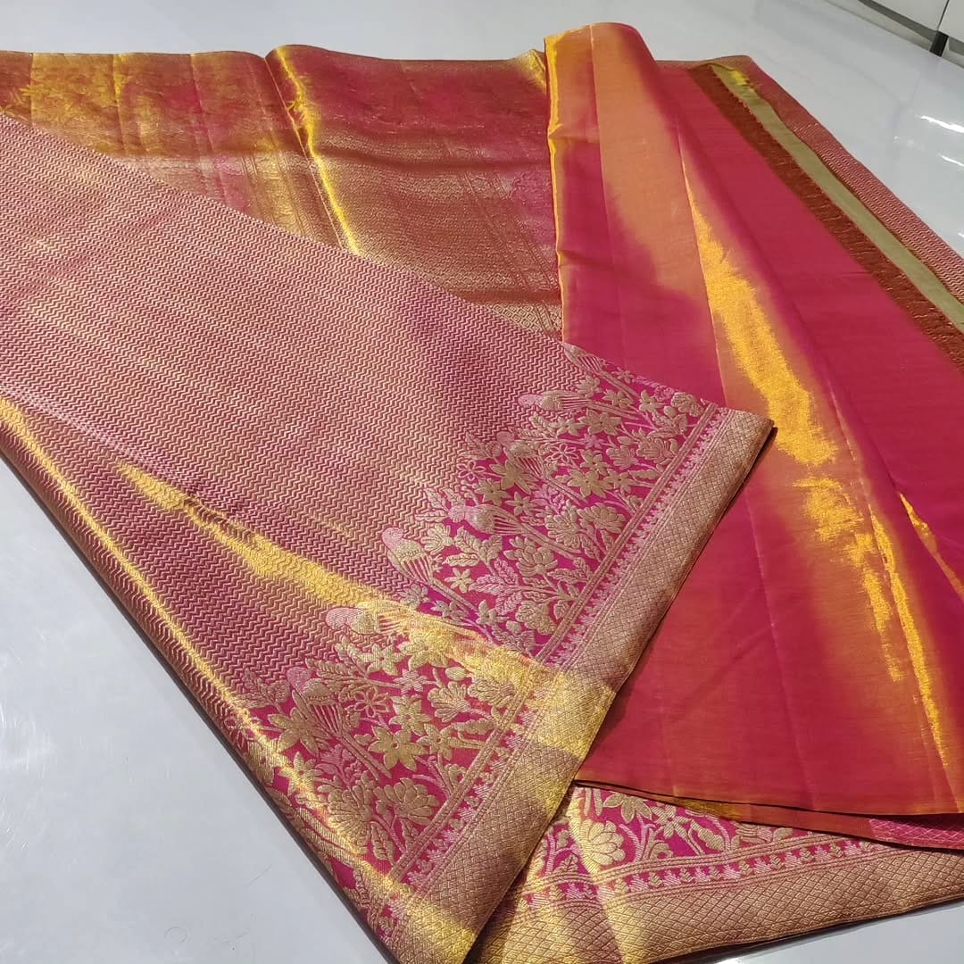 Hot Pink Kanchipuram Handloom Tissue Brocade Silk Saree