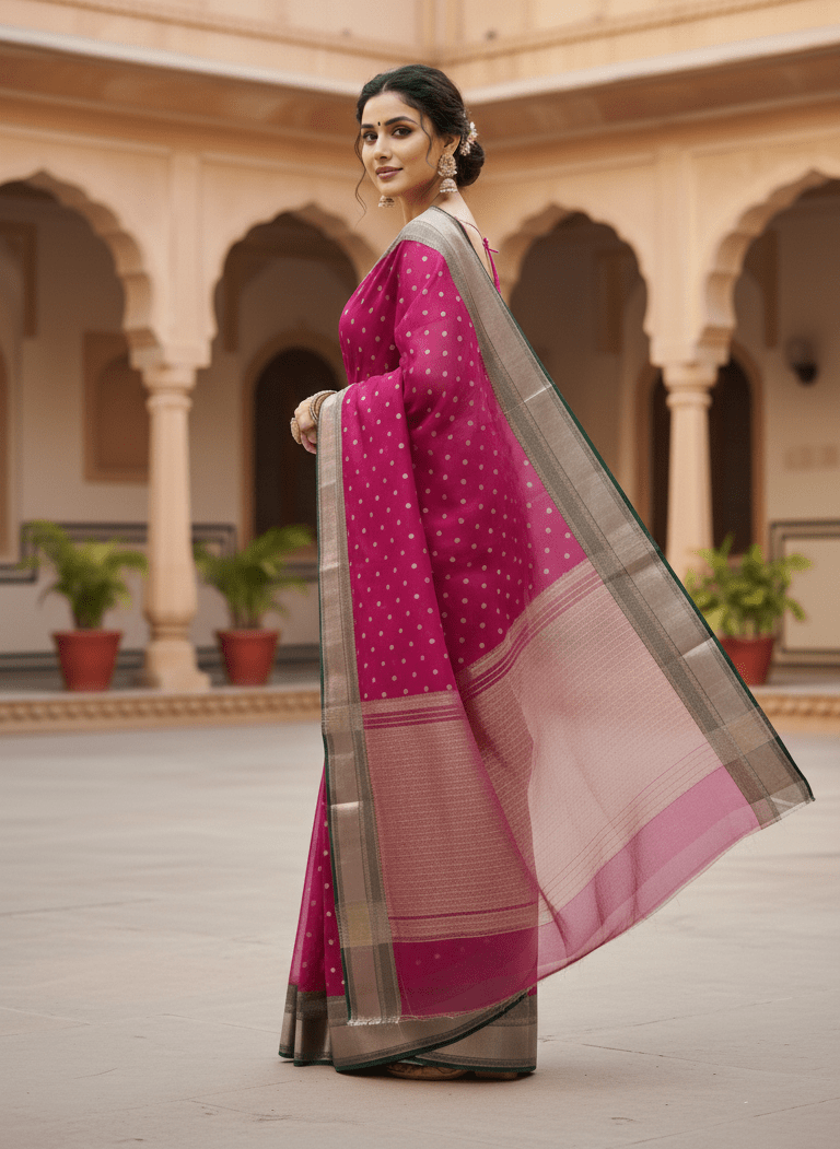 Onion Pink Chanderi Handloom Katan Silk Handwork Saree