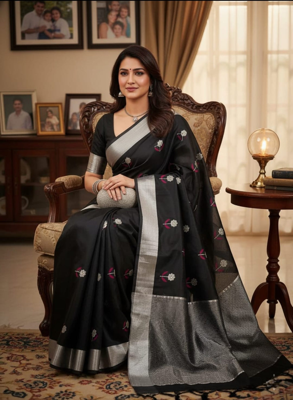 Sort Chanderi Håndvævet Pattu Silk Meenakari Saree