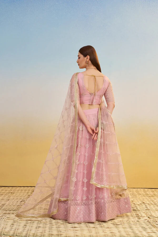 Party Wear Light Pink Net Lehenga Choli with Embroidery