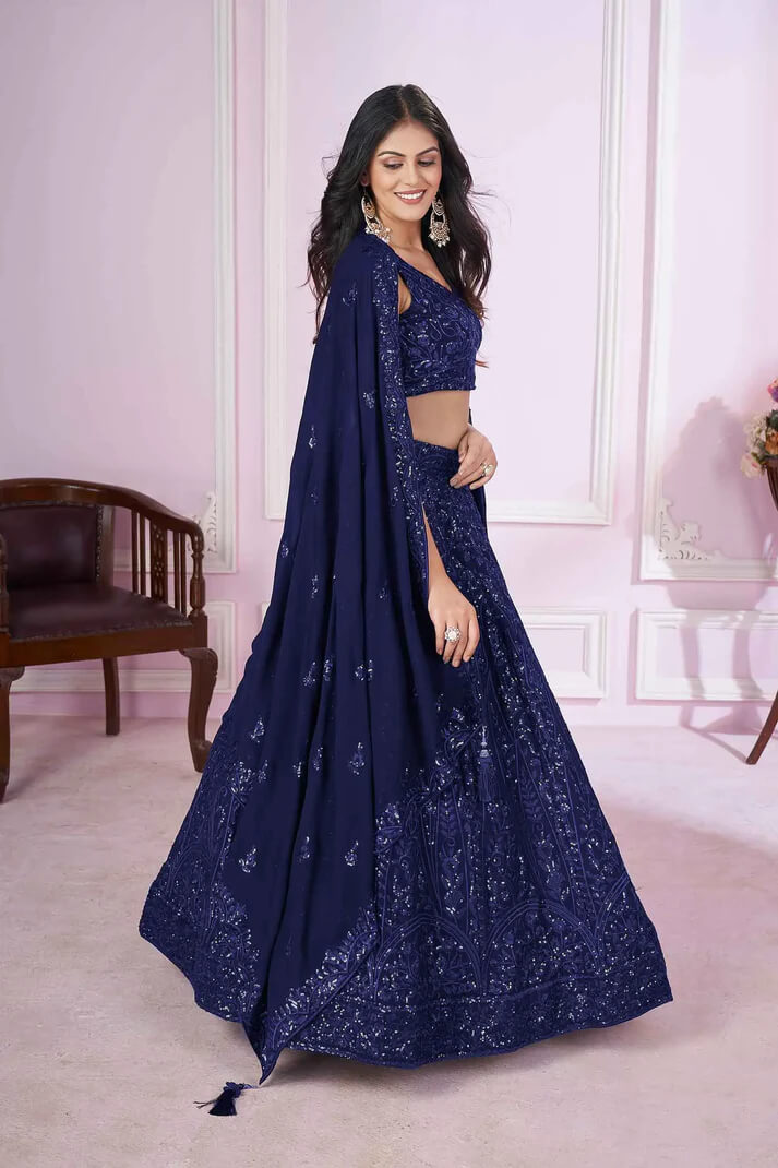Navy Blue Georgette Lehenga with Sequins & Thread Embroidery