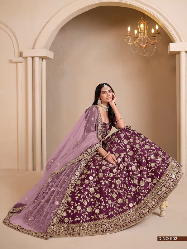 Elegant Wine Art Silk Lehenga Choli with Embroidery