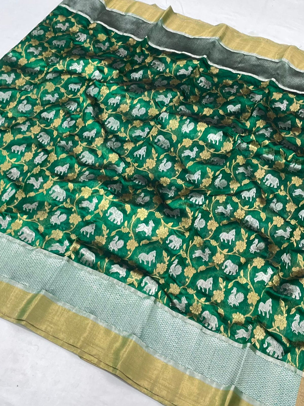 Grøn Chanderi Håndvæv Pattu Silk Shikargah Håndværk Saree