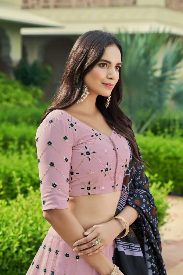 Dusty Pink Georgette Lehenga Choli with Sequins & Thread Work