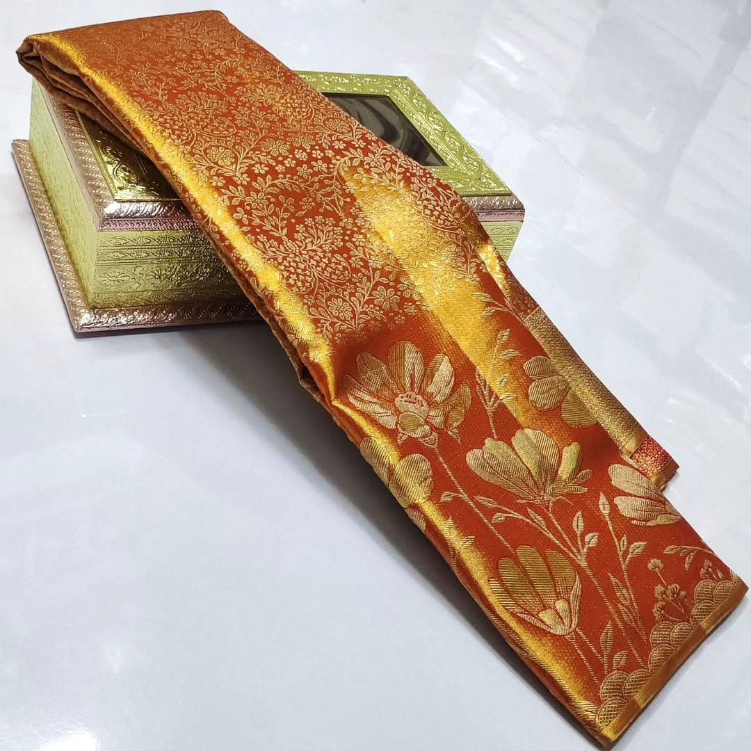 Orange Kanchipuram Handloom Tissue Brocade Silk Saree
