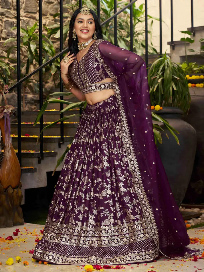 Wine Jacquard Lehenga with Zari & Sequins Work