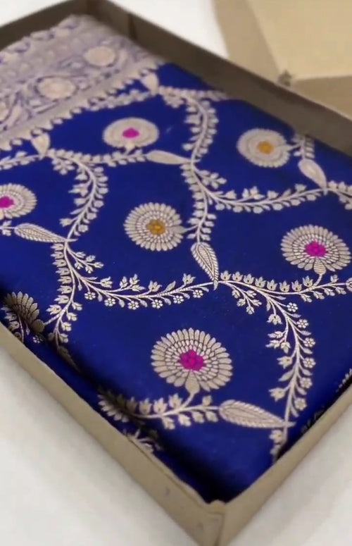 Azure Blue Banarasi Handloom Katan Silk Meenakari Saree