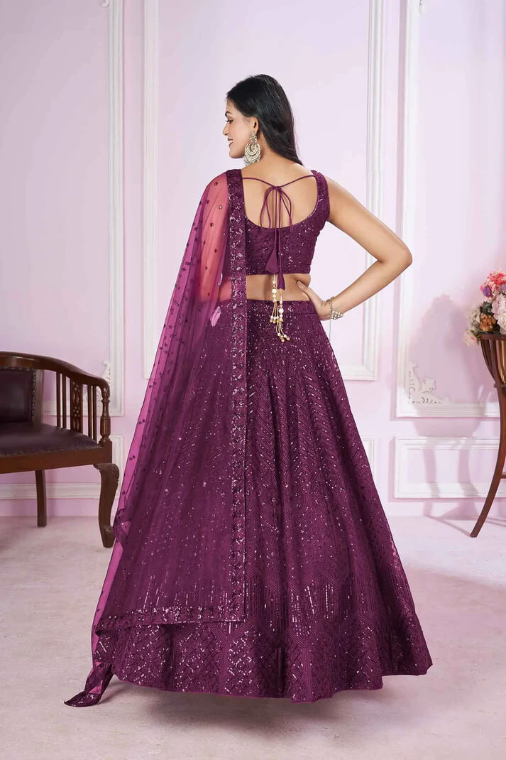 Wine Soft Net Lehenga with Sequins & Thread Embroidery
