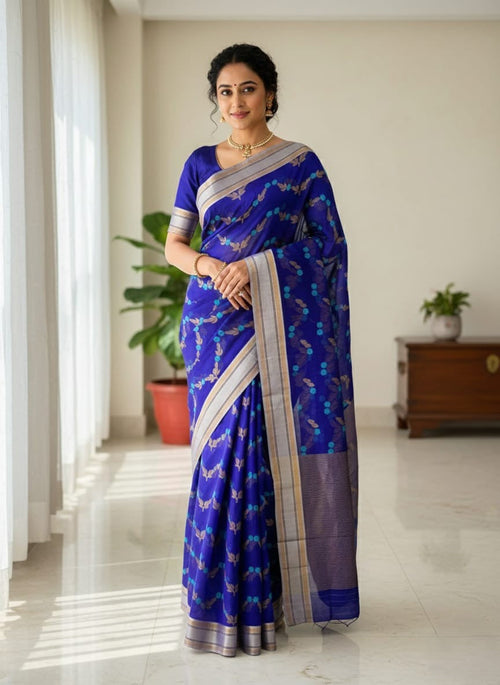 Azurblå Chanderi håndvævet Pattu Silk Meenakari Saree