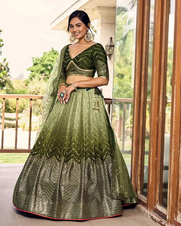 Dark & Light Green Lehenga Choli with Thread & Sequins Work