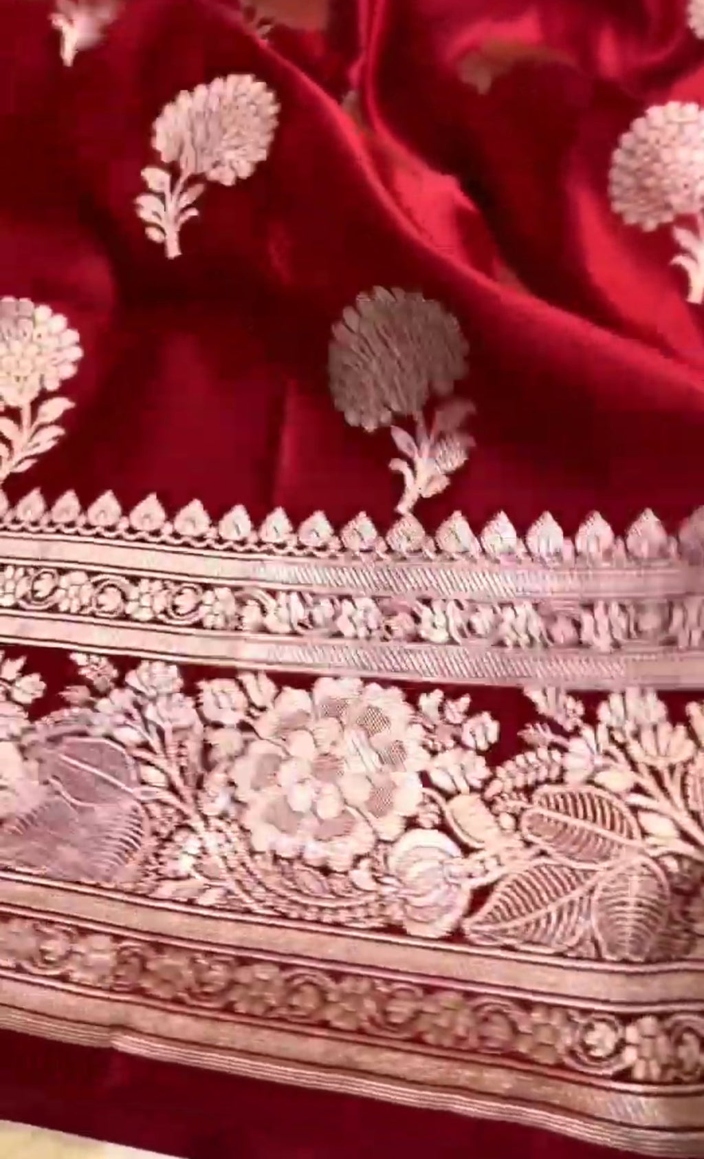 Deep Red Banarasi Mashru Soft Silk Saree