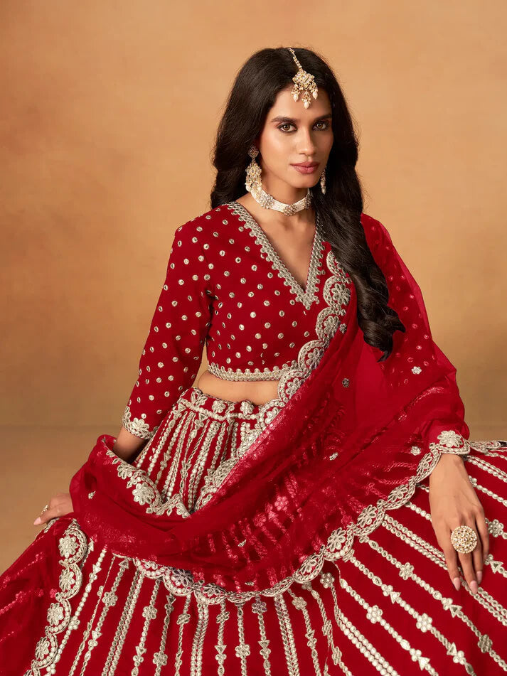 Red Art Silk Lehenga with Mirror & Embroidery Work